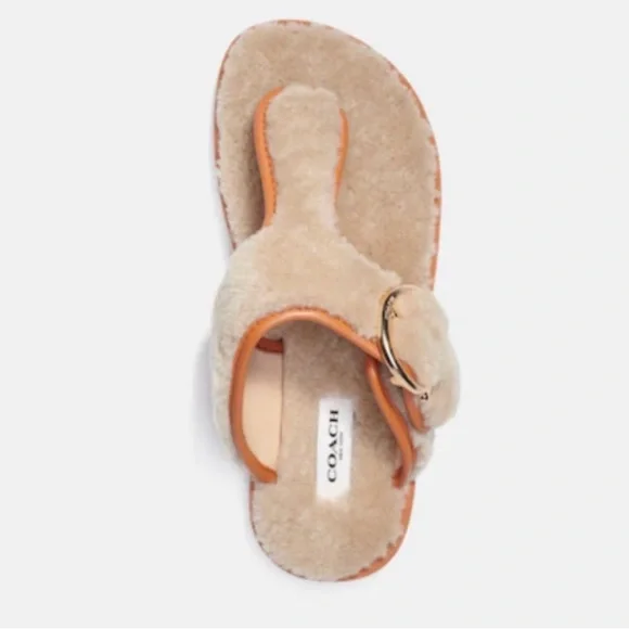 Women's Beige & Brown Fuzzy Thong Sandals w. Gold Hardware Size 37.5 - Picture 3 of 10